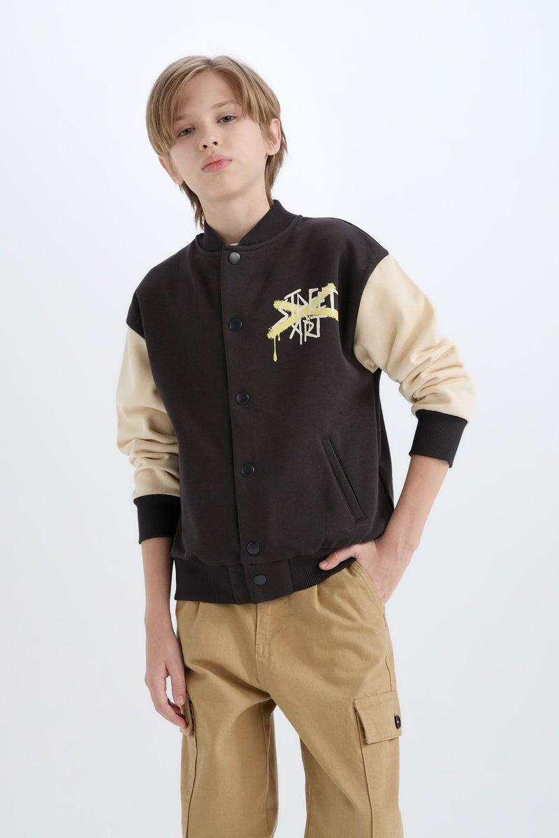 DeFacto Grey Boy College Collar Back Printed Closure Bomber Jacket Casual - Image 4