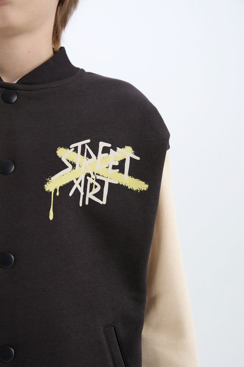 DeFacto Grey Boy College Collar Back Printed Closure Bomber Jacket Casual - Image 5