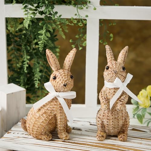 Zensounding Easter Rabbit Decorative Ornament Resin Vine Weaving Effect Rabbit Sculpture Easter Party Decoration Easter Gift (8.1in Brown Station) - Image 5