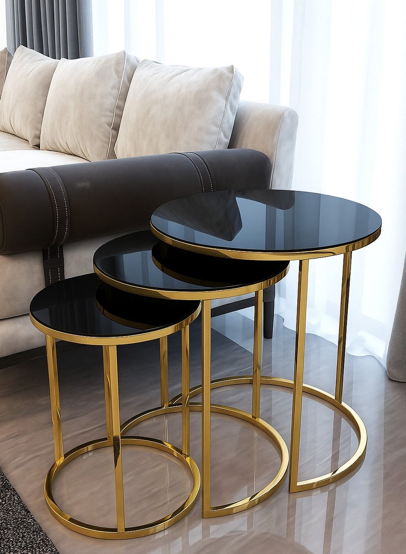 الماسة للأثاث المعدني  طقم ترابيزات مودرن 3 قطع – إطار ذهبي لامع وزجاج أسود أنيق من Masa Furniture , صنع خصيصًا لمحبي التفاصيل الفاخرة واللمسات الراقية 