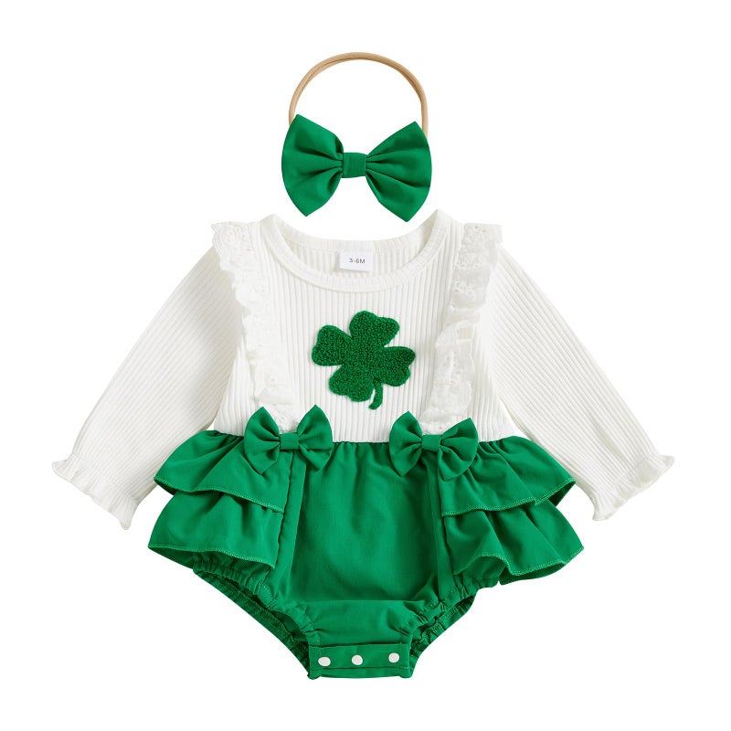 BemeyourBBs St Patricks Day Baby Girl Outfit Shamrock Long Sleeve Bubble Romper Jumpsuit Headband Infant Cute Spring Clothes (Ruffle White, 0-3 Months) - Image 1