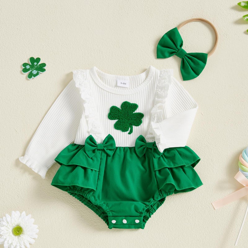 BemeyourBBs St Patricks Day Baby Girl Outfit Shamrock Long Sleeve Bubble Romper Jumpsuit Headband Infant Cute Spring Clothes (Ruffle White, 0-3 Months) - Image 2