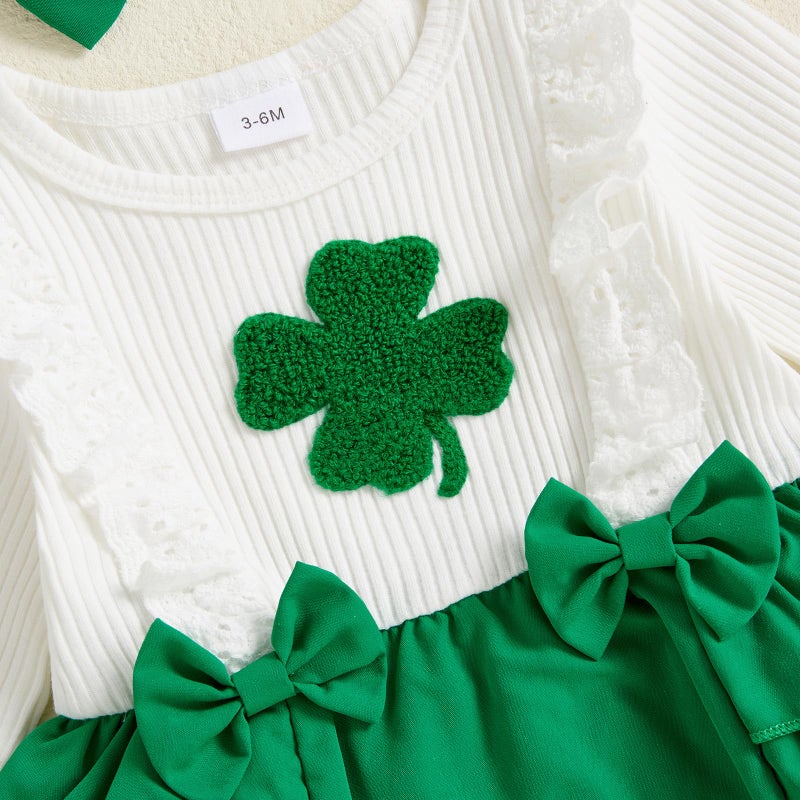 BemeyourBBs St Patricks Day Baby Girl Outfit Shamrock Long Sleeve Bubble Romper Jumpsuit Headband Infant Cute Spring Clothes (Ruffle White, 0-3 Months) - Image 5