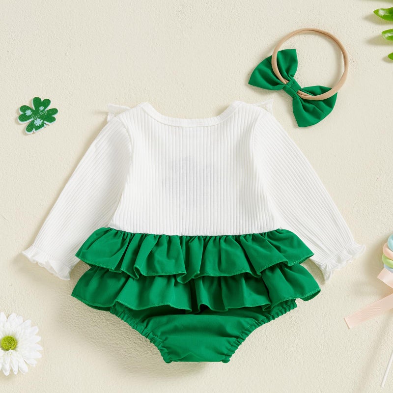 BemeyourBBs St Patricks Day Baby Girl Outfit Shamrock Long Sleeve Bubble Romper Jumpsuit Headband Infant Cute Spring Clothes (Ruffle White, 0-3 Months) - Image 3