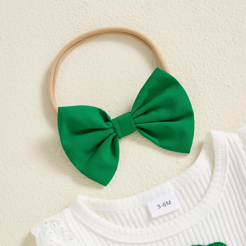 BemeyourBBs St Patricks Day Baby Girl Outfit Shamrock Long Sleeve Bubble Romper Jumpsuit Headband Infant Cute Spring Clothes (Ruffle White, 0-3 Months) - Image 4