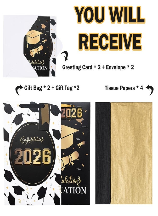 WRAPAHOLIC 16.5" Extra Large 2026 Graduation Gift Bag with Card and Tissue Paper - 2 Pack Black Gold Class of 2026 Paper Bag for Graduation Party - Image 3