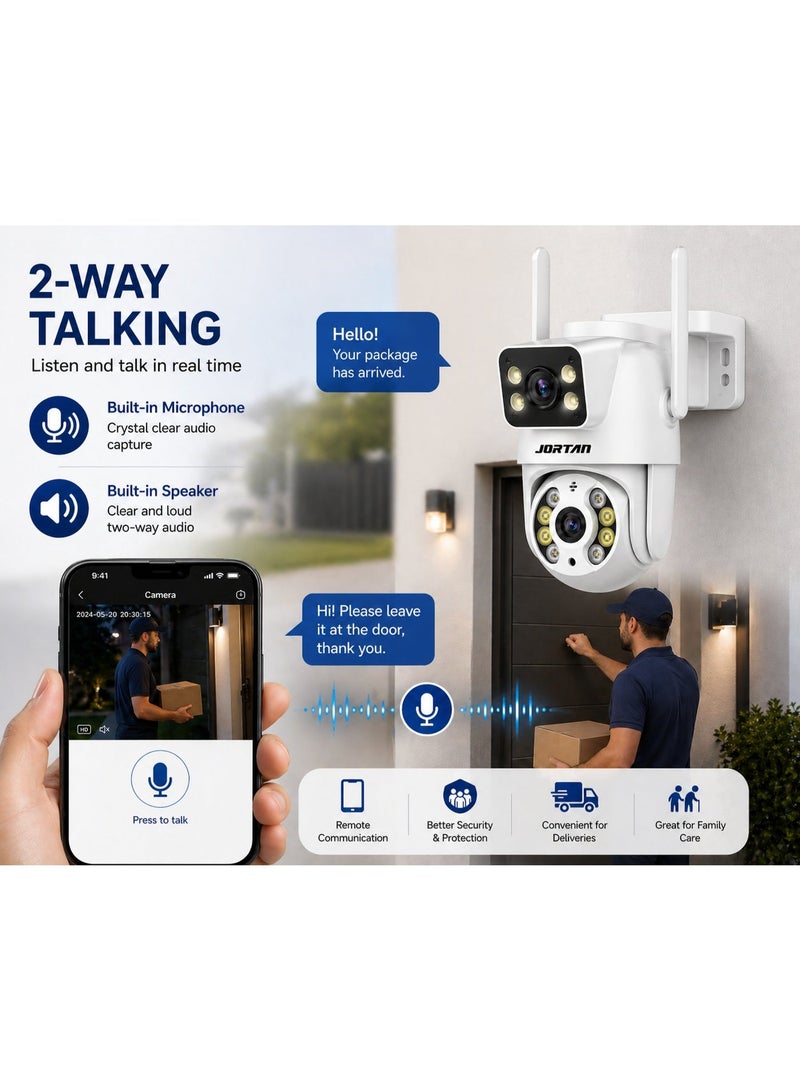 JORTAN Dual Lens 4+4MP Wi-Fi Security Camera, 6X Digital Zoom, Dual Monitoring, Human Motion Detection, Motion Tracking, IP 66 Waterproof, Color Night Vision, Two Way Talking, 360 degree PTZ Control - Image 4