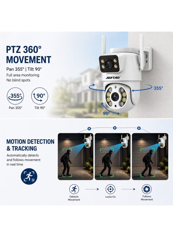 JORTAN Dual Lens 4+4MP Wi-Fi Security Camera, 6X Digital Zoom, Dual Monitoring, Human Motion Detection, Motion Tracking, IP 66 Waterproof, Color Night Vision, Two Way Talking, 360 degree PTZ Control - Image 2