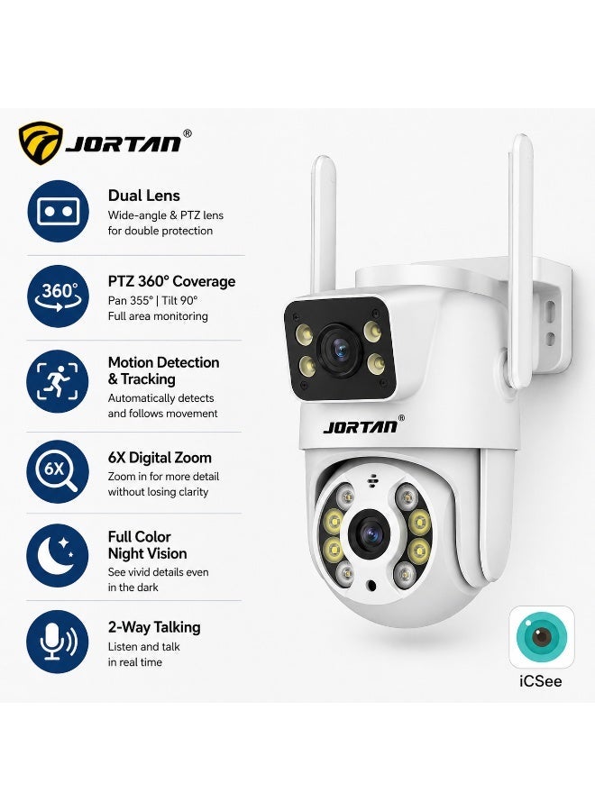 JORTAN Dual Lens 4+4MP Wi-Fi Security Camera, 6X Digital Zoom, Dual Monitoring, Human Motion Detection, Motion Tracking, IP 66 Waterproof, Color Night Vision, Two Way Talking, 360 degree PTZ Control - Image 1
