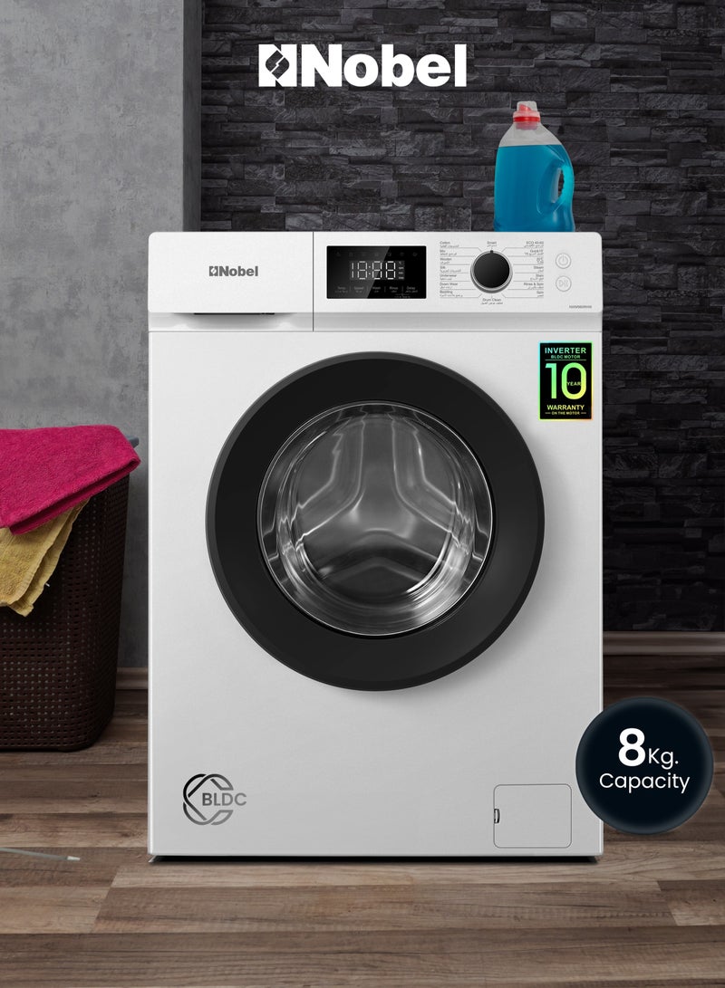 Nobel 8kg Front Load Washing Machine Inverter, Steam Wash, 16 Programs, LED Display 8 kg 1950 W NWM960RHW Grey - Image 1
