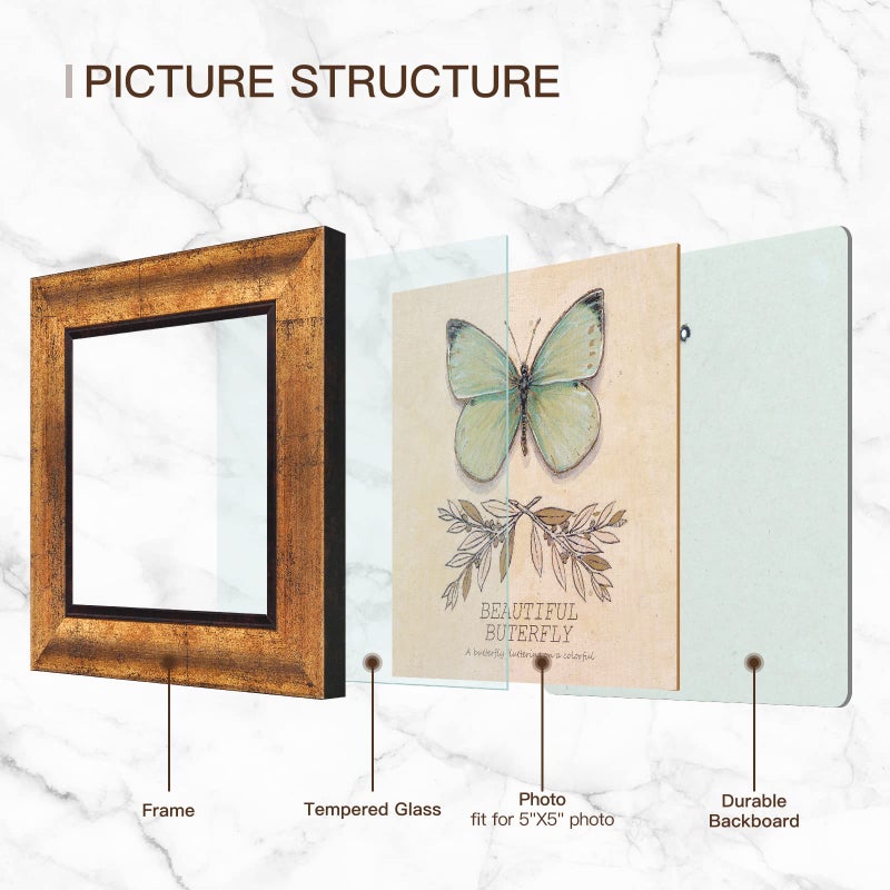 XUANLUO 5x5 Picture Frames Set of 4 Rustic Retro Photo Frame with Tempered Glass Wall Mount and Tabletop Display Family Friends Wedding Gift - Image 3