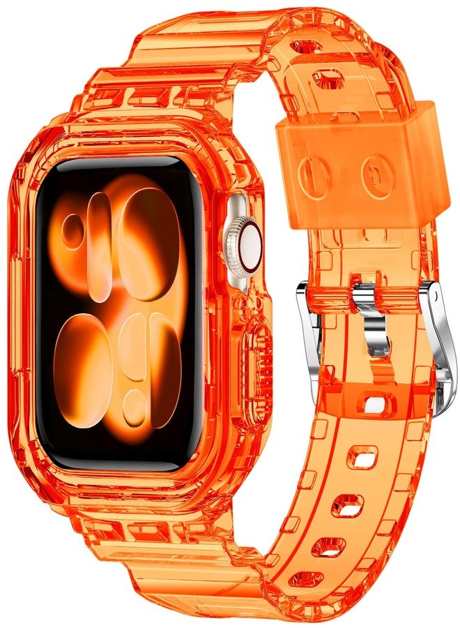 XYF Compatible for Crystal Clear Apple Watch Bands, 46mm Series 10 Bumper Case for Men Women Jelly Sport Cover Strap for iWatch Ultra 2/1 Series 10 9 8 7 SE 6 5 4 3 2 1 (Neon Clear Orange, 46) - Image 1
