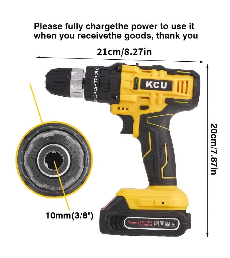 21V Cordless Hammer Drill Electric Screwdriver Type C Charging Port 10 Cell 2000mAh Battery Long Battery Life For Home Repair And Professional Construction - Image 4