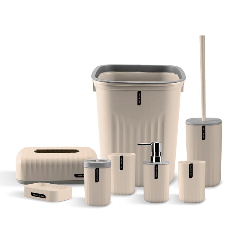 HOME CUBE 8Pcs Bathroom Accessories Set, Soap Dish, Soap Dispenser, Toothbrush Holder, 2 Mouth Wash Cup, Tissue Box, Dustbin, Toilet Brush Holder, Complete Bath Organiser Set for Bathroom (Beige) - Image 1