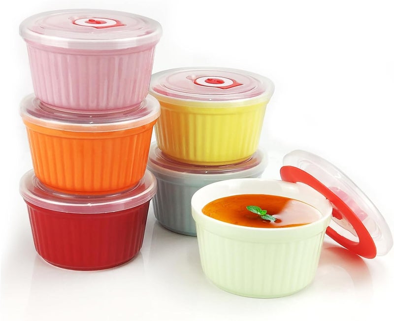 JOBVERT Ramekins with Lids 8 Oz - Set of 6, Ceramic Souffle Creme Brulee Ramekins with Covers, Colorful Custard Cups for Baking, Ceramic Custard Cups Safe and Dishwash Safe - Image 1