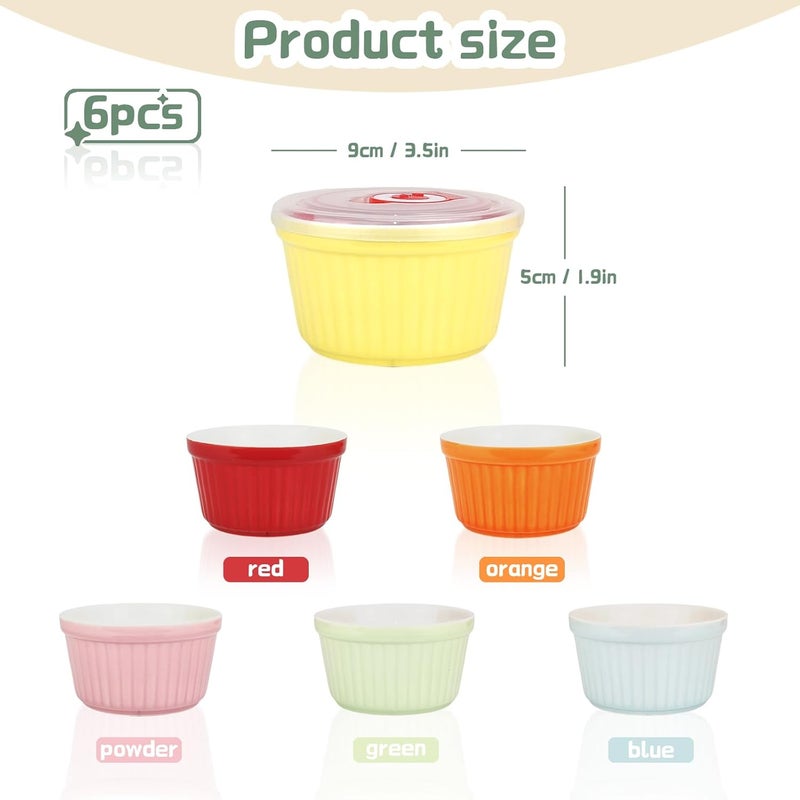 JOBVERT Ramekins with Lids 8 Oz - Set of 6, Ceramic Souffle Creme Brulee Ramekins with Covers, Colorful Custard Cups for Baking, Ceramic Custard Cups Safe and Dishwash Safe - Image 2
