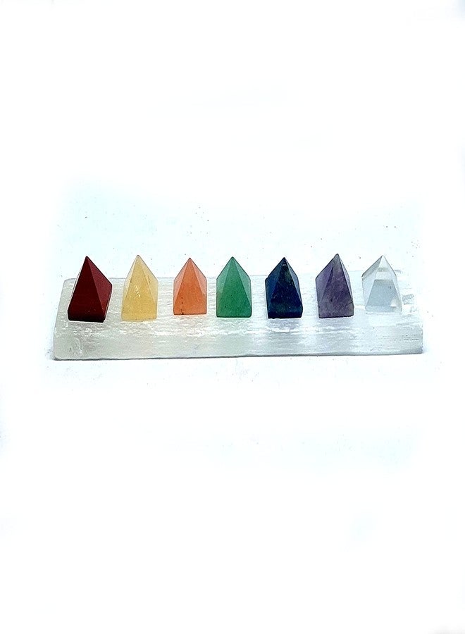 Astroghar White Selenite Crystal Charging Plate with Seven Chakra 15 Mm Mini Crystals Pyramids Set for Reiki Healing and Grid Making - Image 1