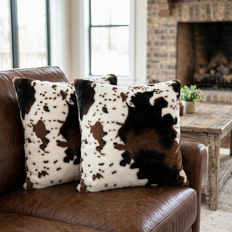 TOMWISH Cowhide Animal Black White and Brown Faux Fur Throw Pillow Covers 18x18 Set of 2 for Chair Bedroom Living Room Sofa Couch Bed Outdoor Double Sided Printing Furry Soft Cozy Pillow Covers - Image 2