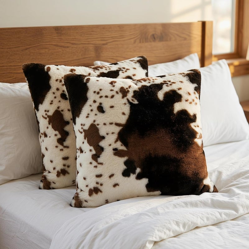 TOMWISH Cowhide Animal Black White and Brown Faux Fur Throw Pillow Covers 18x18 Set of 2 for Chair Bedroom Living Room Sofa Couch Bed Outdoor Double Sided Printing Furry Soft Cozy Pillow Covers - Image 5