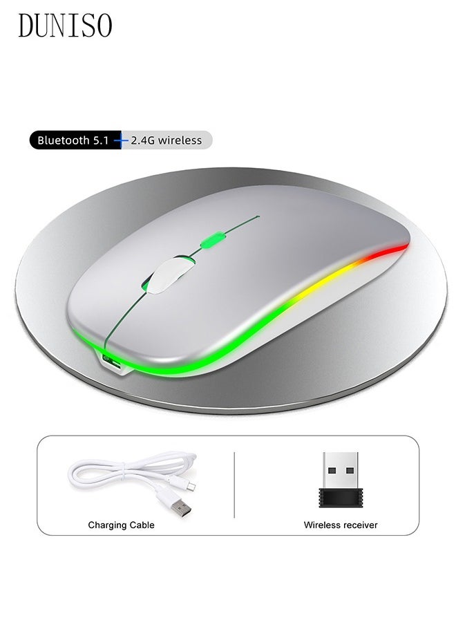 DUNISO - 2.4G And Bluetooth Dual-Mode Wireless Mouse,Rechargeable Slim Mouse With RGB，Portable Office Mouse With USB Receiver And Type-c Charge Line,White - Image 1