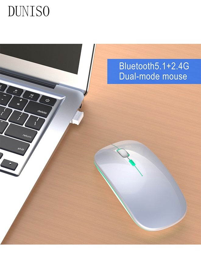 DUNISO - 2.4G And Bluetooth Dual-Mode Wireless Mouse,Rechargeable Slim Mouse With RGB，Portable Office Mouse With USB Receiver And Type-c Charge Line,White - Image 1