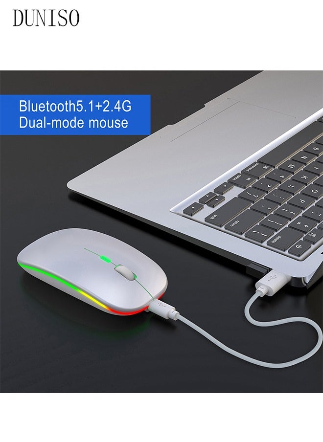 DUNISO - 2.4G And Bluetooth Dual-Mode Wireless Mouse,Rechargeable Slim Mouse With RGB，Portable Office Mouse With USB Receiver And Type-c Charge Line,White - Image 1