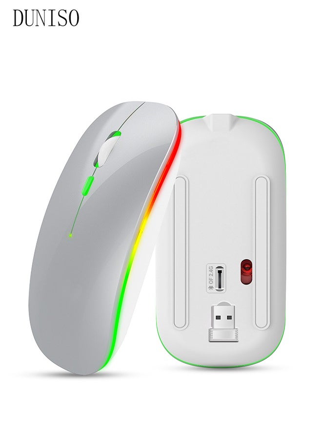 DUNISO - 2.4G And Bluetooth Dual-Mode Wireless Mouse,Rechargeable Slim Mouse With RGB，Portable Office Mouse With USB Receiver And Type-c Charge Line,White - Image 1