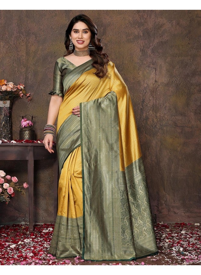 YASHIKA ساري ياشيكا النسائي من قماش بناراسي كانجيفارام مع مادة بلوزة (AZ-YS-P1-YUKTI YELLOW) - Image 4