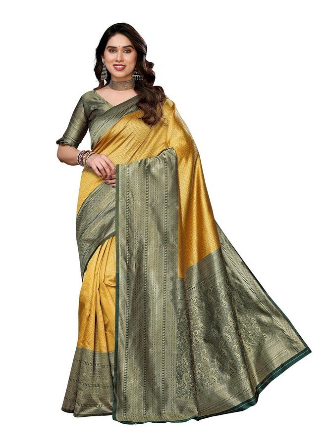 YASHIKA ساري ياشيكا النسائي من قماش بناراسي كانجيفارام مع مادة بلوزة (AZ-YS-P1-YUKTI YELLOW) - Image 1
