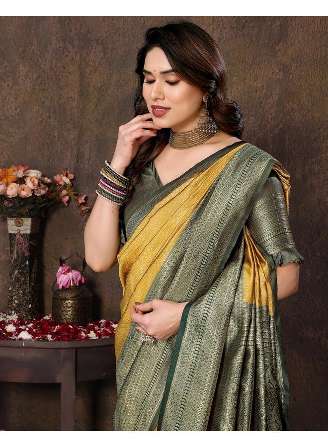 YASHIKA ساري ياشيكا النسائي من قماش بناراسي كانجيفارام مع مادة بلوزة (AZ-YS-P1-YUKTI YELLOW) - Image 2