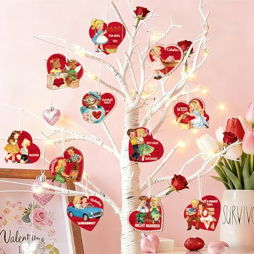 D4DREAM Vintage Valentine Ornaments for Tree Decorations - 12Pcs Wooden Heart Ornaments for Valentines Day Tree Decor Gifts for Him Her Class Exchange Anniversary Birthday Party Supplies Favors - Image 5