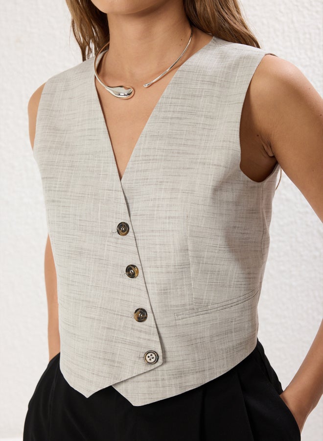 trendyol Limited Edition Crop Fitted Button Detailed Woven Linen Look Vest  - Image 3