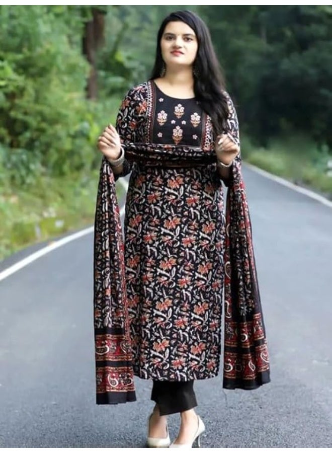 Pinkmint store Women's Cotton Blend Straight Printed Kurta with Pant & Dupatta Black M - Image 4