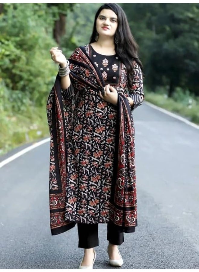 Pinkmint store Women's Cotton Blend Straight Printed Kurta with Pant & Dupatta Black M - Image 3