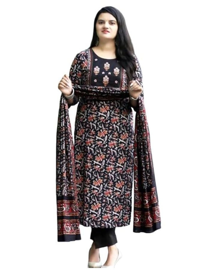 Pinkmint store Women's Cotton Blend Straight Printed Kurta with Pant & Dupatta Black M - Image 1