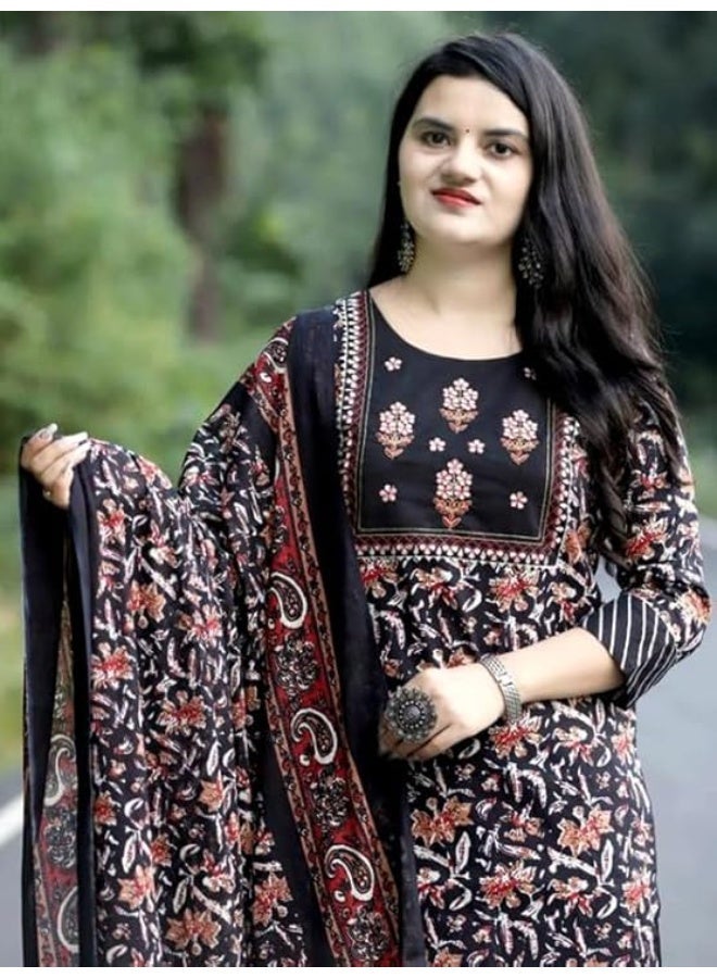 Pinkmint store Women's Cotton Blend Straight Printed Kurta with Pant & Dupatta Black M - Image 2