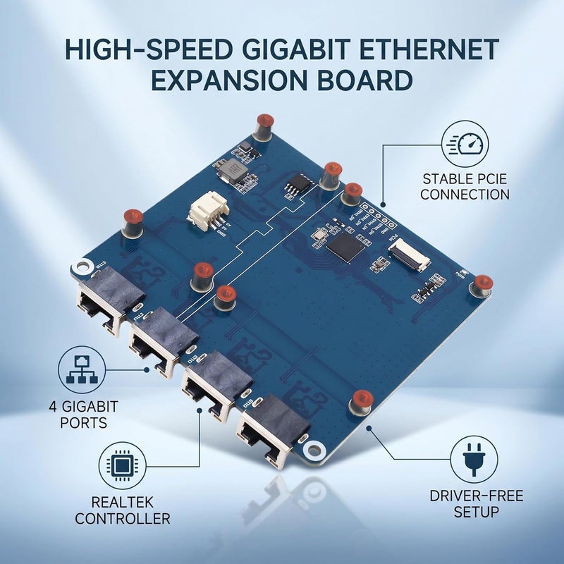 Yunseity PCIe to Gigabit ETH Board Fit for RasPi 5 RPi Plug and Play No Driver Required PCI Express to Gigabit ETH Board with RJ45 Ports - Image 2