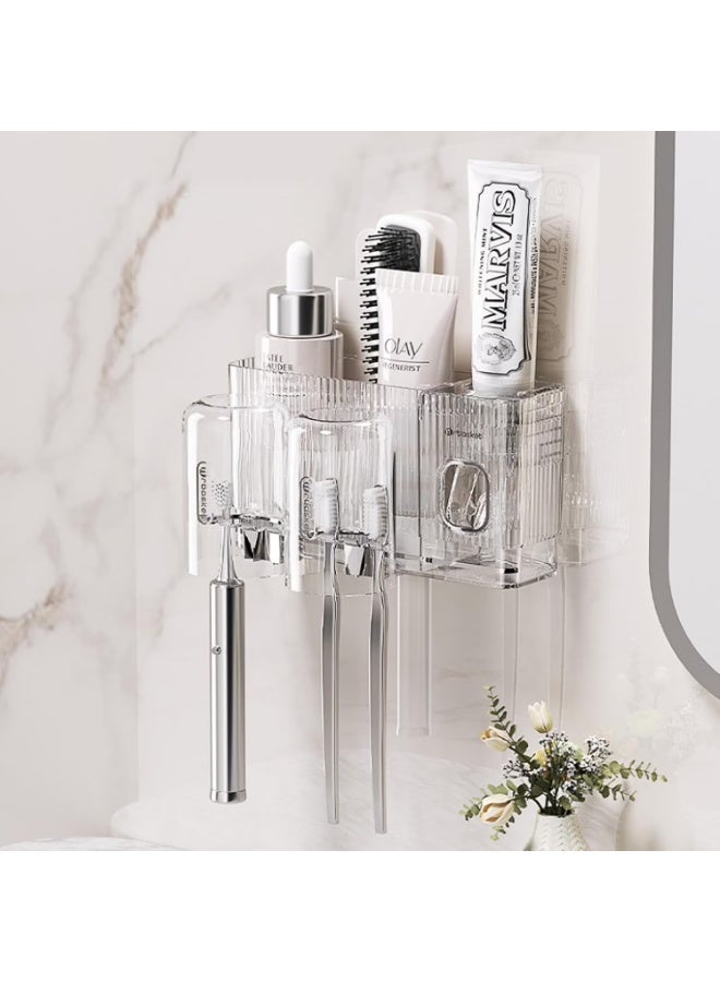 فالمر حامل فرشاة أسنان للحمامات، حامل فرشاة أسنان مثبت على الحائط مع موزع معجون أسنان، حامل فرشاة أسنان بسعة 2 كوب مع 4 فتحات للفرشاة و2 تخزين لمستحضرات التجميل (أبيض) - Image 1