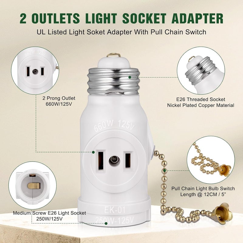 EMNOOTI 2-Pack E26 Light Socket Adapter - Converts Medium Screw Socket to Two Outlets With Pull Chain Switch - UL Listed, White - Image 5