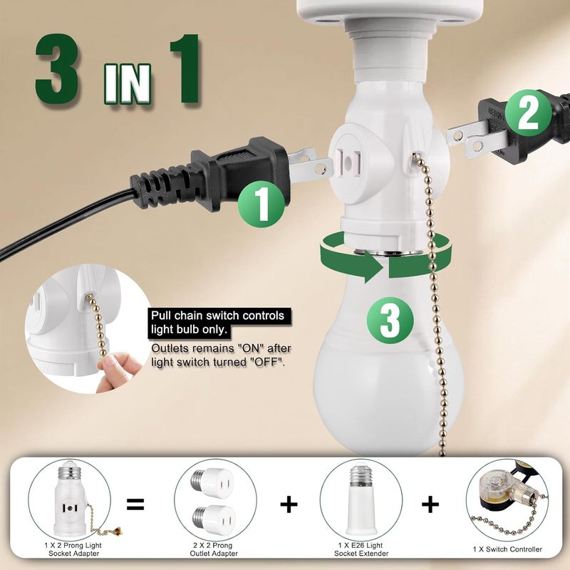 EMNOOTI 2-Pack E26 Light Socket Adapter - Converts Medium Screw Socket to Two Outlets With Pull Chain Switch - UL Listed, White - Image 3