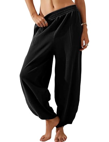 Himosyber Women Cotton Pants Wide Leg Pants Casual Loose Baggy Elastic Waist Beach Palazzo Harem Pants (Black-Large) - Image 1