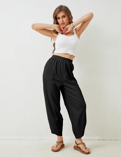Himosyber Women Cotton Pants Wide Leg Pants Casual Loose Baggy Elastic Waist Beach Palazzo Harem Pants (Black-Large) - Image 3