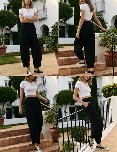 Himosyber Women Cotton Pants Wide Leg Pants Casual Loose Baggy Elastic Waist Beach Palazzo Harem Pants (Black-Large) - Image 2