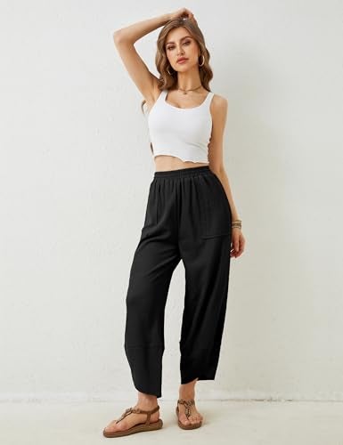 Himosyber Women Cotton Pants Wide Leg Pants Casual Loose Baggy Elastic Waist Beach Palazzo Harem Pants (Black-Large) - Image 5