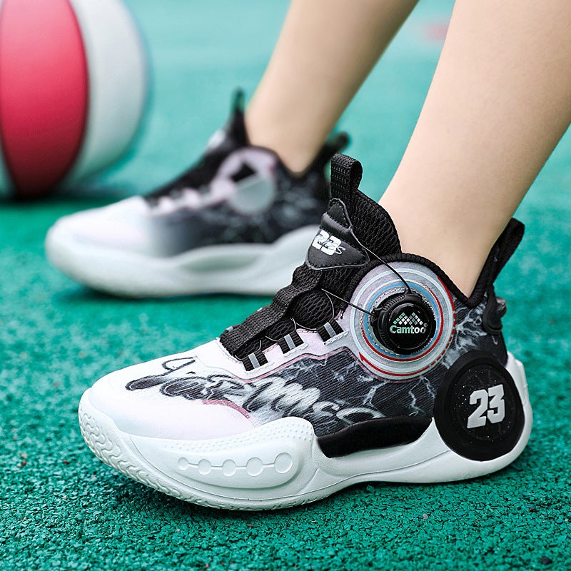 Autumn Mesh Tie-Free Boys' Sneaker New Rotating Button Breathable Middle And Large Children Basketball Shoes For Primary School Students - Image 1