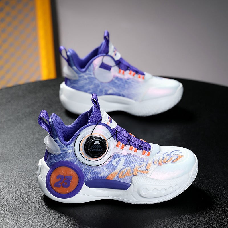 Autumn Mesh Tie-Free Boys' Sneaker New Rotating Button Breathable Middle And Large Children Basketball Shoes For Primary School Students - Image 4
