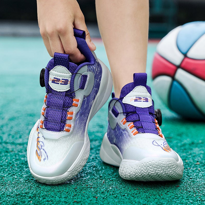 Autumn Mesh Tie-Free Boys' Sneaker New Rotating Button Breathable Middle And Large Children Basketball Shoes For Primary School Students - Image 5