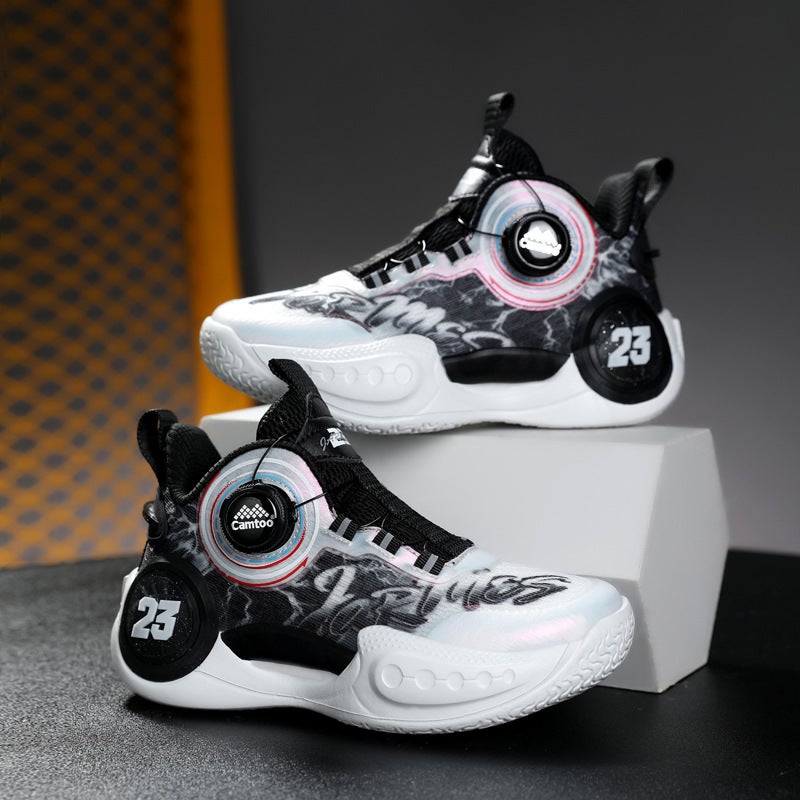 Autumn Mesh Tie-Free Boys' Sneaker New Rotating Button Breathable Middle And Large Children Basketball Shoes For Primary School Students - Image 2