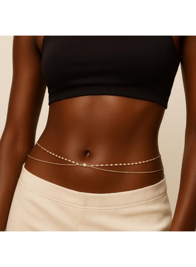 Dainty Gold Plated Waist Body Chain For Women, Adjustable Waterproof Sparkle Satellite Beads Belly Chain, Simple  Bikini Summer Beach Jewelry Gift For Ladies - Image 1