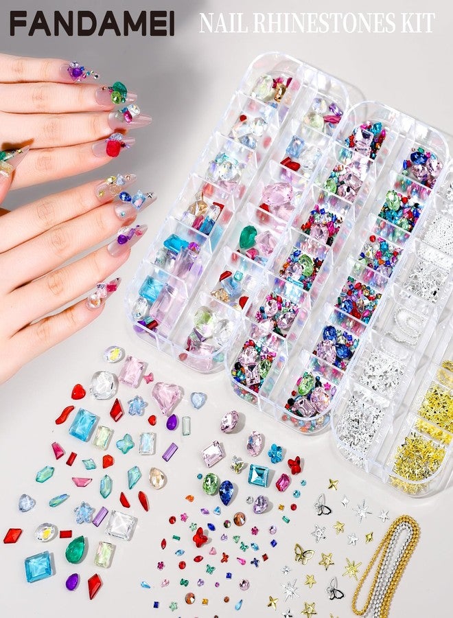 FANDAMEI Nail Gems, 3-Box Colorful Nail Rhinestones Nail Charms and Gems, 3D Rainbow Crystal Nail Diamonds Bulk, Mix-Size Flatback Gems for Nails, Gold Silver Nail Studs Beads for Nail Design - Image 2